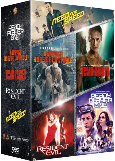 Coffret Films issus de Jeux Vidéo : Rampage - Hors de contrôle + Tomb Raider + Ready Player One + Resident Evil + Need for Speed (Pack) - DVD
