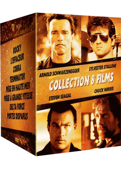 Arnold Schwarzenegger / Sylvester Stallone / Steven Seagal / Chuck Norris - Collection 8 films : Rocky + Cobra + Terminator + L'Effaceur + Delta Force + Portés disparus + Piège en haute mer + Piège à grande vitesse (Pack) - DVD
